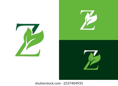 Green eco letters Z logo with leaves. symbol alphabet botanical natural. template leaf logo