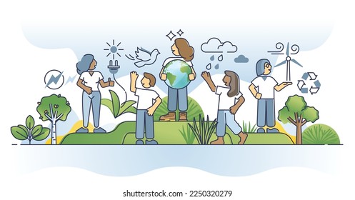 Green eco life society with renewable resource consumption outline concept. Nature friendly, sustainable and environmental responsible living using alternative power to save earth vector illustration.