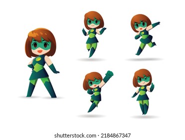 green eco little Super Hero Girl short hair Mascot Character Set