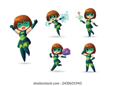 green eco little Super Hero Girl short hair Mascot Character Set2