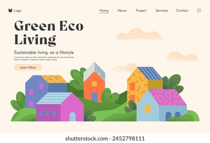 Green eco living landing page.Web page design template with countryside in the spring or summer.Hand drawn village landscape,hills and trees.Vector sustainable living concept for real estate website