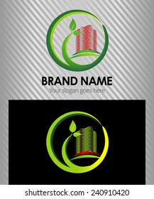 Green eco logo building tower construction symbol with leaf