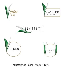 Green eco logo, leaf icons set, floral emblems. Modern decoration elements for organic cosmetics, natural products, spa, beauty center.