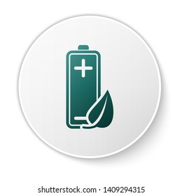 Green Eco nature leaf and battery icon isolated on white background. Energy based on ecology saving concept. White circle button. Vector Illustration