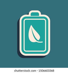 Green Eco nature leaf and battery icon isolated on blue background. Energy based on ecology saving concept. Long shadow style. Vector Illustration