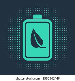 Green Eco nature leaf and battery icon isolated on blue background. Energy based on ecology saving concept. Abstract circle random dots. Vector Illustration