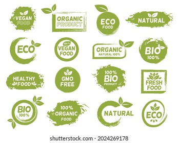 Green eco, organic and vegan product grunge label. Fresh healthy food logo. Bio natural, gmo free, vegetarian package logo stamp vector set. Eco natural and organic icon collection