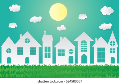 Green eco paper art design style,house with nature, ecology idea.vector illustration 