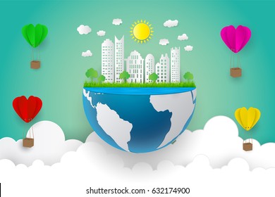 Green eco paper art design style, tree and house with nature, ecology idea.vector illustration 