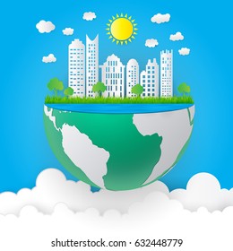 Green eco paper art design style, tree and house with nature, ecology idea.vector illustration 
