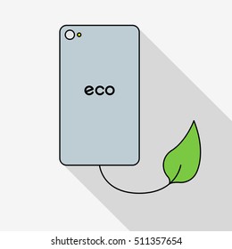 Green eco phone charging with leaf. Long shadow image. Flat vector illustration