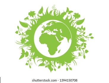 Green eco planet Earth vector. Green planet earth isolated on a white background. Planet Earth with fauna and flora vector. Environmental concept with eco planet earth