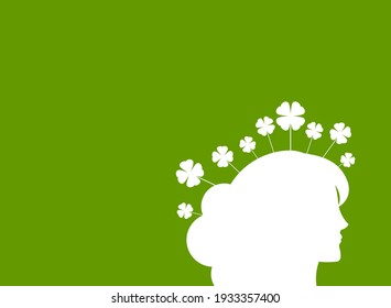 Green eco poster or placard. Woman head with clover leaves. Ecology, eco friendly, ethic business, environment, organic, Feminity placard. Go green concept. Vector flat illustration