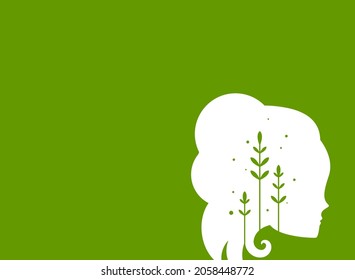 Green eco poster or placard. Woman head with leaves. Ecology,  ethic business, environment, organic, Feminity placard. Woman Psychology or skills symbol. Ecology, go green, ethical life concept