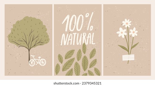 Diseño de afiches ecológicos. Bicicleta cerca del árbol, 100 insignias naturales, flor prensada y tapizada. Ilustraciones de elementos ecológicos sobre papel kraft marrón