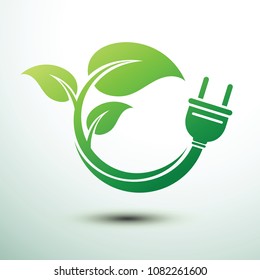 Green eco power plug design with Green leave, vector illustration