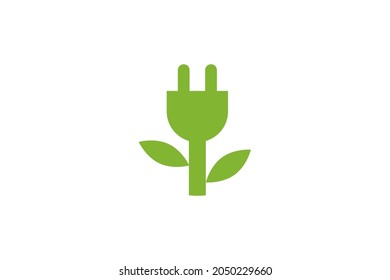 Green eco power plug design with Green leaves vector icon logo illustration