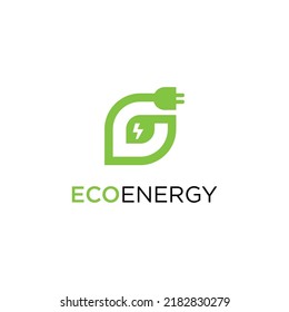 Green eco power plug design with leaf, eco energy logo.