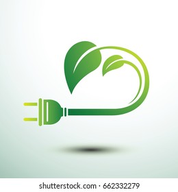 Green eco power plug design with leaf, vector illustration