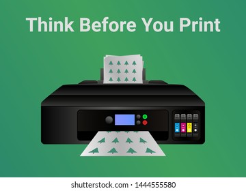 Green eco printing ecology concept. Think before you print. Home inkjet printer isolated on green. Please consider the environment before printing email or other uselessness. Save paper, save trees.
