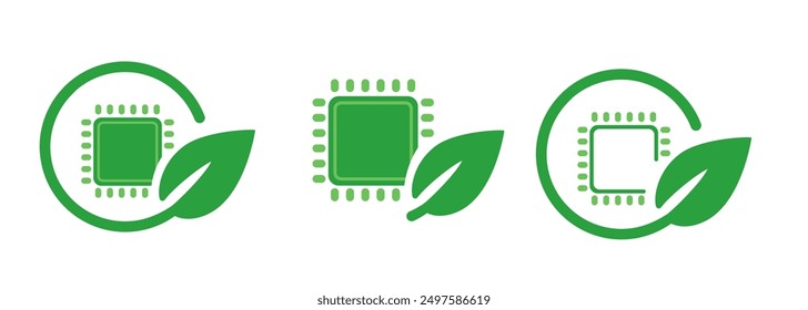 Icono verde del símbolo del eco procesador del consumo de energía del centro de datos del chipset de la hoja del microprocesador