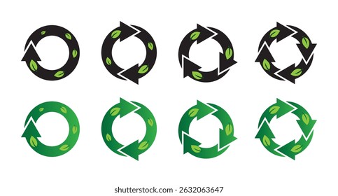 Ícone verde de reciclagem ecológica isolado no fundo branco. Reciclando cor verde com folha. Seta circular, recarregar, atualizar, carregar, reciclar, recarregar e repetir conjunto de ícones. Ilustração de vetor de seta redonda