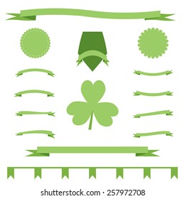 Green eco ribbons set of St. Patricks Day. Clover, flags, emblems and ribbons