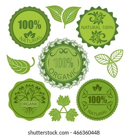 Green eco round labels vector set isolated on white background. Natural organic food tags.