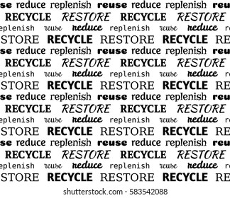 Green eco seamless typographic pattern made of words recycle, reduce, restore, replenish, reuse. Earth Day text background. Environment protection design. Earth hour design.