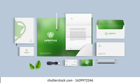 Green eco style natural corporate style with heart and star logo. Branding for cosmetic or vegan shop, vegetable market or flower sale. Stationery vector mockup design.