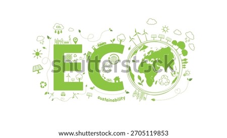Green eco sustainability concept featuring global recycling, renewable energy icons, clean technology and environmental conservation symbols promoting climate awareness and sustainable living, vector