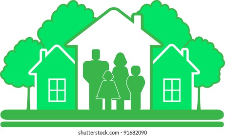 green eco symbol with tree house and family silhouette