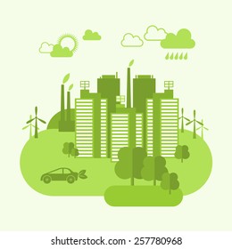 Green eco town concept with buildings and environment ecosystem vector illustration