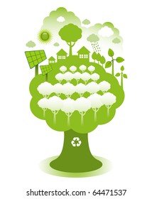 Pueblo ecológico verde sobre un concepto de árbol. Vivienda verde con paneles solares, parques eólicos y plantación de más árboles.