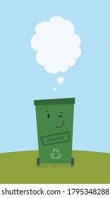 Basura ecológica verde con el título de papel. El concepto de basura cero. Carácter lindo, mascota. Dibujo plano de dibujos animados sobre fondo colorido. 