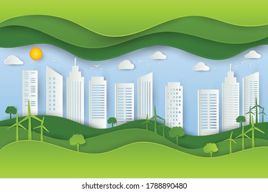 Green eco urban city and nature landscape background in paper art style. Ecology and environment conservation concept. Save nature the world. Vector illustration in flat modern design.