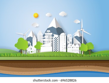 Green eco urban cityscape with ecological and environment conservation.Paper art of summer concept design template.Vector illustration.