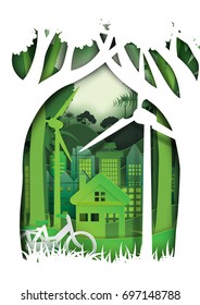 Green eco urban cityscape and forest abstract background.Nature and environment conservation concept paper art style design.Vector illustration.