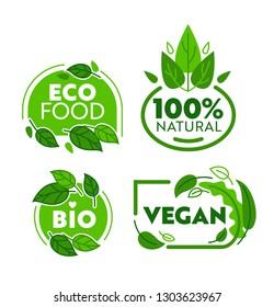 Green Eco Vegetarian Organic Food Sticker Set. Vegan Bio Shop Badge Collection for Natural Healthcare Lifestyle. Wellness Nutrition Advertising Poster Flat Cartoon Vector Illustration
