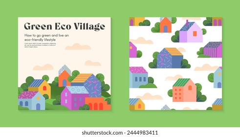 Concepto de folleto de aldea eco verde. Plantilla de diseño de página de Web con campo en la primavera o el verano. Patrón sin fisuras con casas y árboles. Diseños de Vector para Sitio web inmobiliario, estampados, volantes, Anuncios