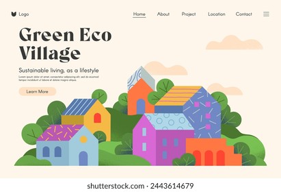 Green eco village landing page.Web page design template with countryside in the spring or summer.Hand drawn town landscape,hills and trees.Vector layout concept for real estate website,mobile website.