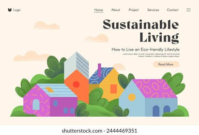 Green eco village landing page.Web page design template with countryside in the spring or summer.Hand drawn town landscape,hills and trees.Vector sustainable living concept for real estate website