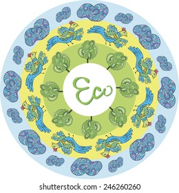 Green eco world vector illustration. Ptitsf fly, trees, clouds in the sky