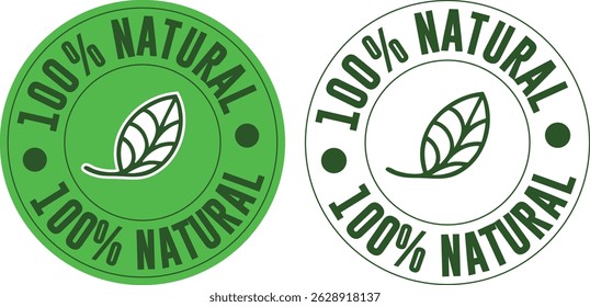 Green Eco-Friendly 100% Natural Product Labels with Leaf Icon  Organic Certification Badge Design in Solid and Outline Styles for Packaging, Branding, and Eco Product Marketing