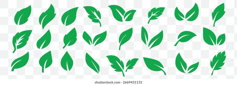Grüne umweltfreundliche Blatt-Ikone im minimalistischen Stil mit verschiedenen Blattformen für Nachhaltigkeit und Natur Thema