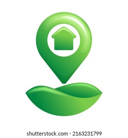 Green eco-friendly location point - glossy 3D GPS marker with house icon inside