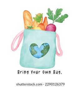 A green Eco-Friendly reusable fabric tote shopping Bag full of fresh vegetables with eart heart shaped watercolor hand drawing illustration, bring your own bag.