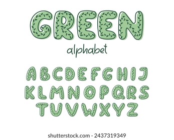 Green eco-friendly style hand drawn Alphabet. Capital handwritten Letters with Leaves pattern. Natural Organic abstract font for design. Ecological Botanical Lettering