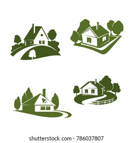 Green ecohouse icon for eco friendly real estate company emblem. Green home with tree and grass lawn, pathway and fence isolated symbol for ecology and property themes design