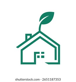 A green eco-house icon with a leaf, symbolizing sustainable living, green building, and eco-friendly real estate